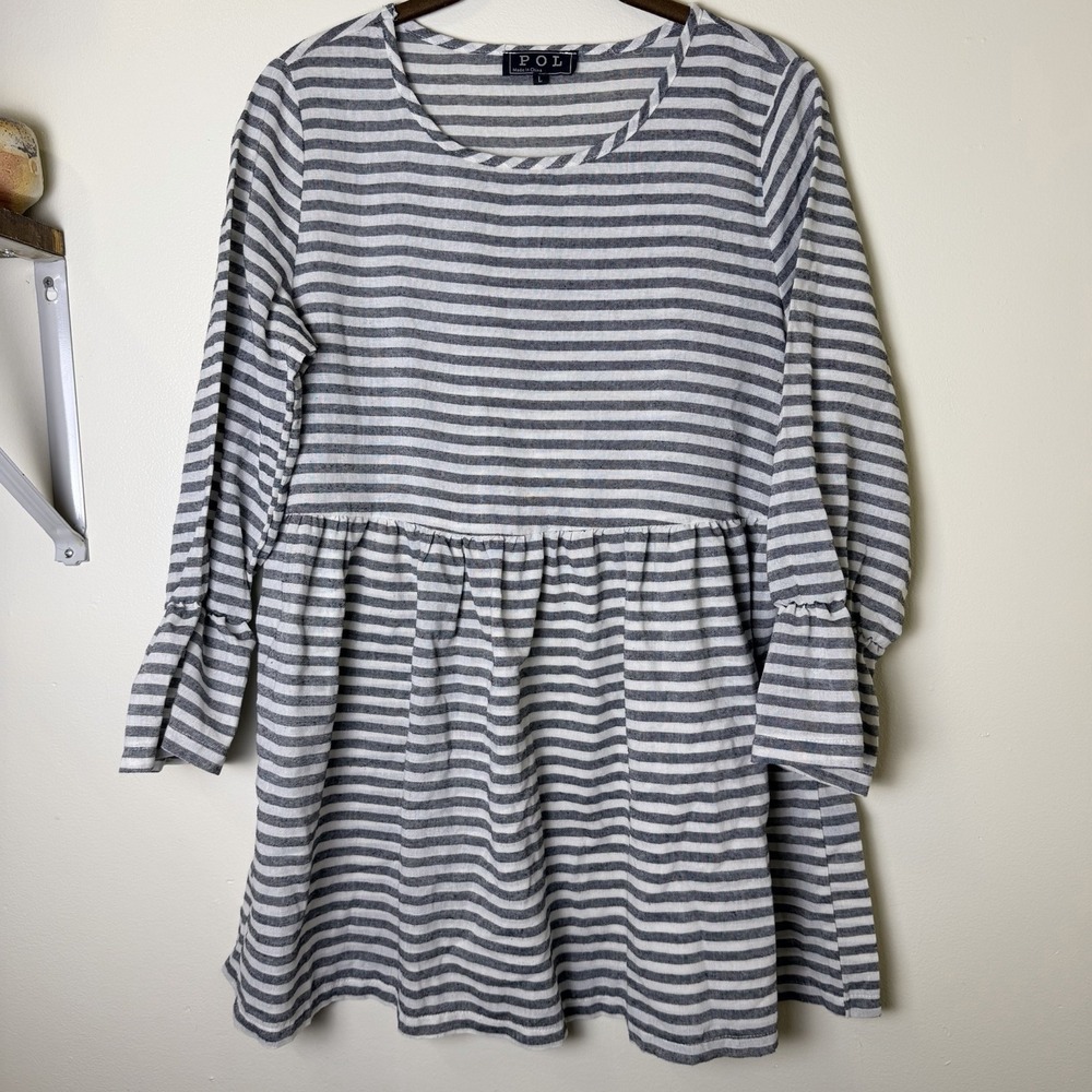 POL Cotton Stripe Peplum Babydoll Tunic Top Preppy Boho Size L Ruffle Sleeve